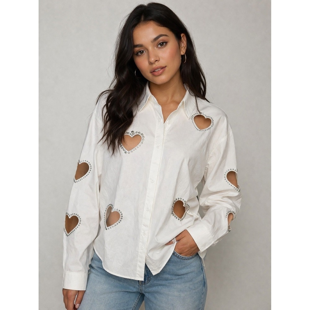 LIZETTE COLLECTION White Button‎ Up XL Rhinestone Heart Embellished Blouse -2722